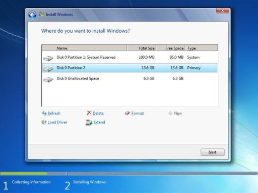 menentukan lokasi instalasi Windows 7