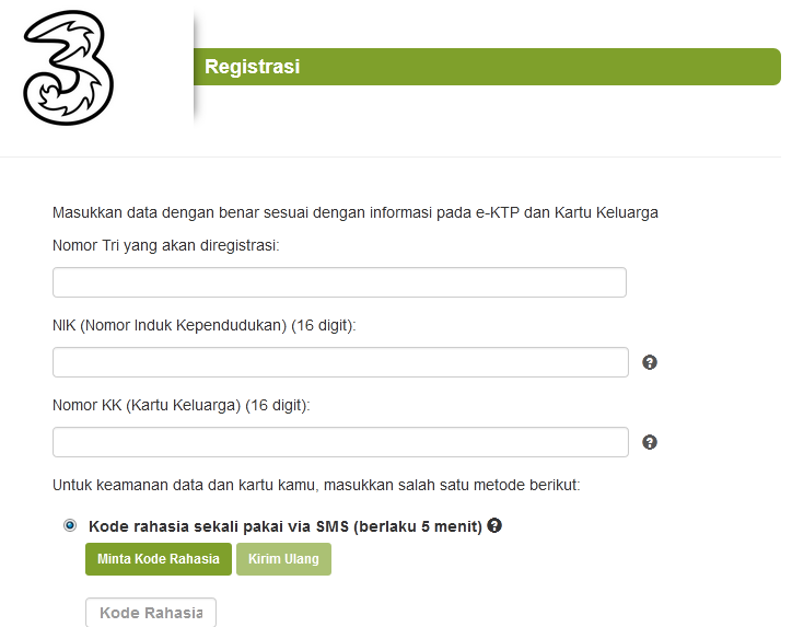 Registrasi Kartu 3 di Website