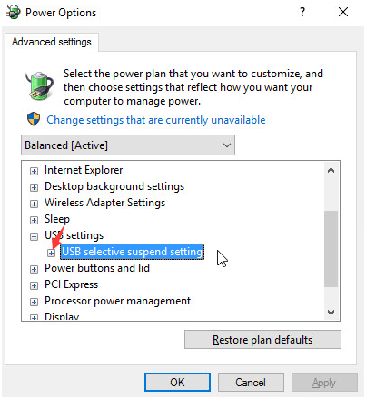 USB selective suspend settings