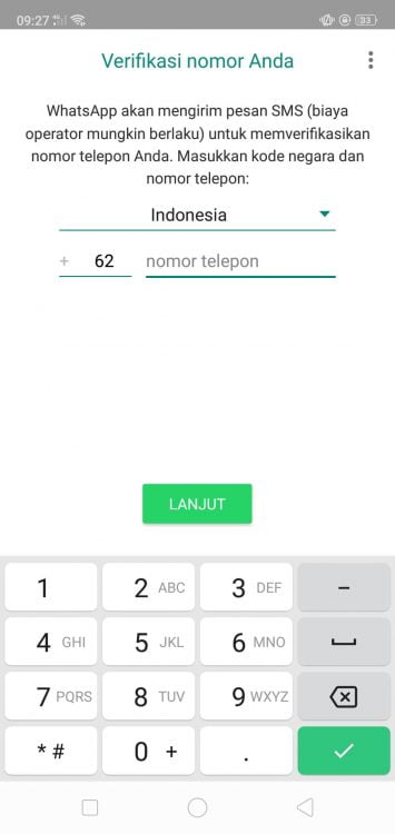 Sekarang buka WhatsApp dan lakukan pendaftaran dengan memasukkan nomor HP yang telah didaftarkan sebagai akun WhatsApp sebelumnya